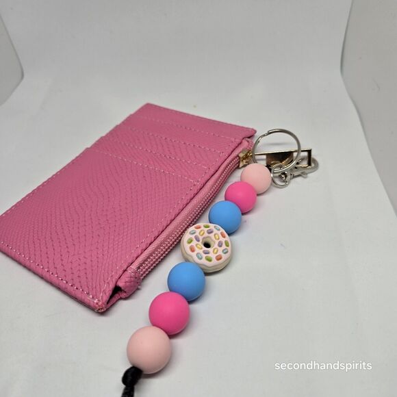 Zip Coin Wallet Zipper Coin Pouch Mini Card Case Pink With Detachable Keychain - Picture 5 of 5